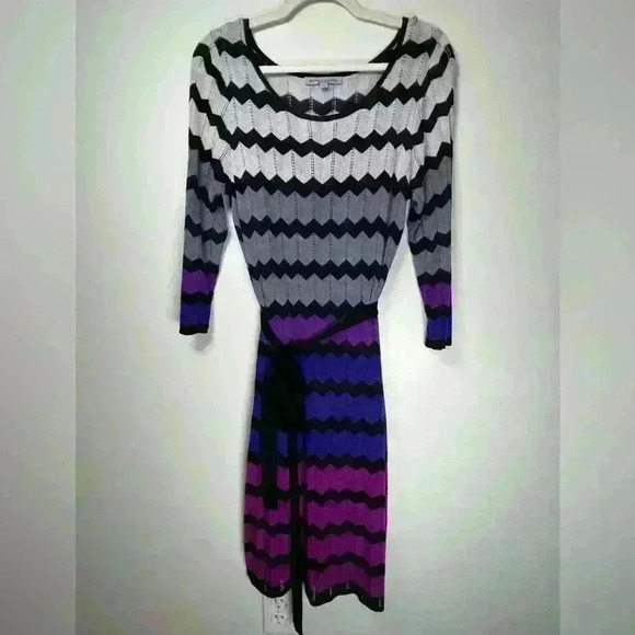 Danny and Nicole Chevron Print Purple Gray Black Belted Knit Dress Size Large - Picture 4 of 14